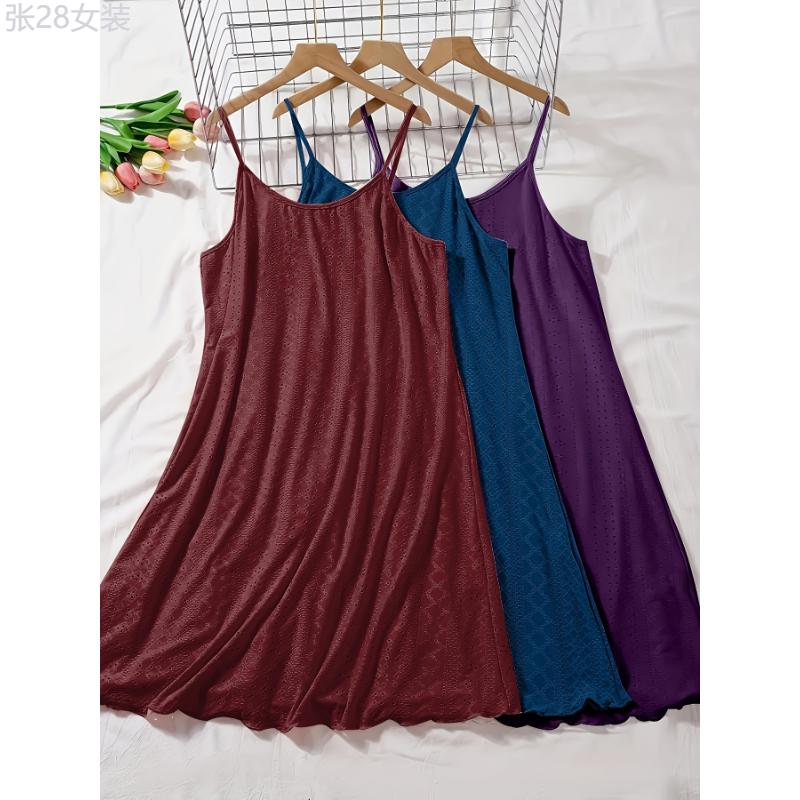 3pcs Plus Size Women's Casual Loungewear, Solid Eyelet Embroidery Round Neck Frill Trim Cami Nightdress Fabric Nightwear