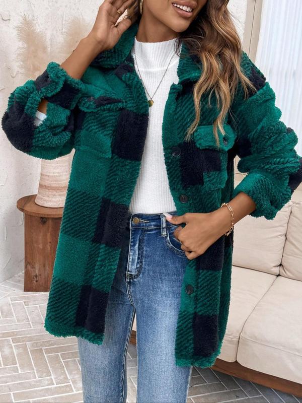 Women's Plaid Print Button Front Drop Shoulder Plush Coat, Casual Jackets, Long Sleeve Collared Outerwear for Fall & Winter, Ladies Clothes for Daily Wear