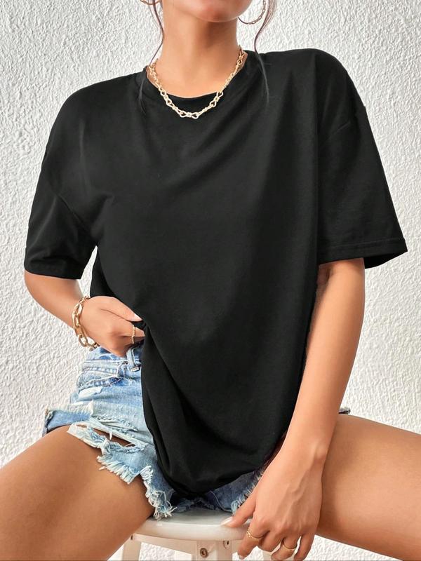 Women's Round Neck Drop Shoulder Tee, Casual Half Sleeve Crew Neck T-shirt, Back To School Outfits, Summer T Shirts for Women, Women's Top for Daily Wear, Black Girl Outfits