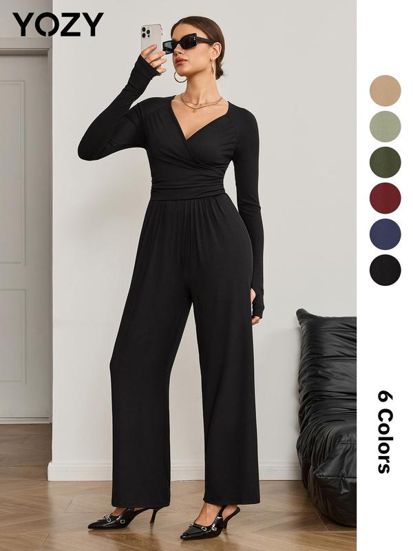 YOZY Christmas Deals, [size 4-14] Plain Ruched Wrap V Neck Jumpsuit, Casual Thumb Hole Design Long Sleeve Jumpsuit, 2024 Women's Spring & Fall Outfits for Daily Wear, [S-XXL], Christmas 2024 Trend, Fall & Winter Clothes