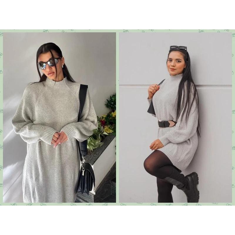 High neck chunky knit sweater dress solid color fashion casual loose knitwear sweatpants pullovers mini dress