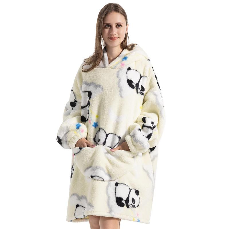 Cartoon Pattern Hooded Flannel Hoodie Blanket, 1 Count 320GSM Air-conditioned Room Long Sleeve Wearable Blanket with Pocket, Soft Warm Blanket for Home Office Bed Camping Travel