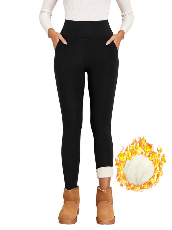 Women's Plain High Waist Pocket Thermal Lined Leggings, Casual Comfy High Stretch Warm Pants For Winter, Women's Bottoms For Daily Wear