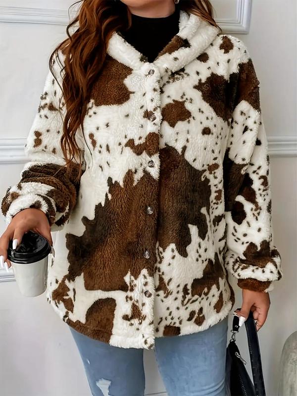 Women's Cow Print Button Front Hooded Fuzzy Coat, Casual Long Sleeve Drop Shoulder Outerwear for Fall & Winter, Women's Clothes for Daily Wear, Fall Outfits, Fallfreshness Clothes