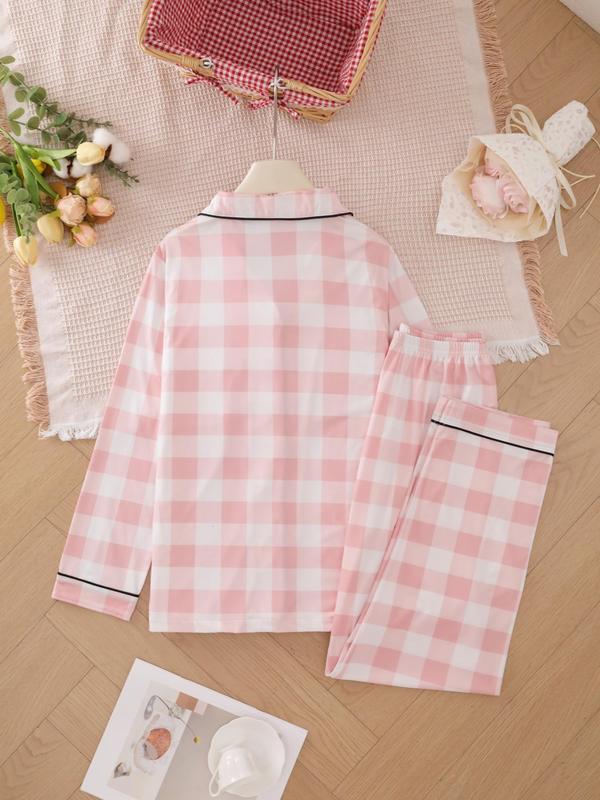 Two-piece Set Women's Heart  Strawberry Print Pajama Set, Casual Comfy Long Sleeve Lapel Collar Top & Pants Pj Set, Ladies Sleepwear for Spring & Fall