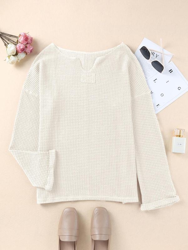  Solid Notched Neck Waffle Knit Sweatshirt, Casual Drop Shoulder Long Sleeve Pullover, Women's Fall & Winter Clothes for Daily Wear