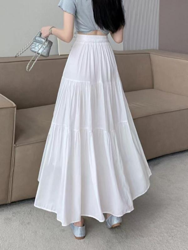 Women's Solid High Waist A-line Skirt, Casual Elastic Waist Long Skirt for Daily Wear, Ladies Bottoms for All Seasons