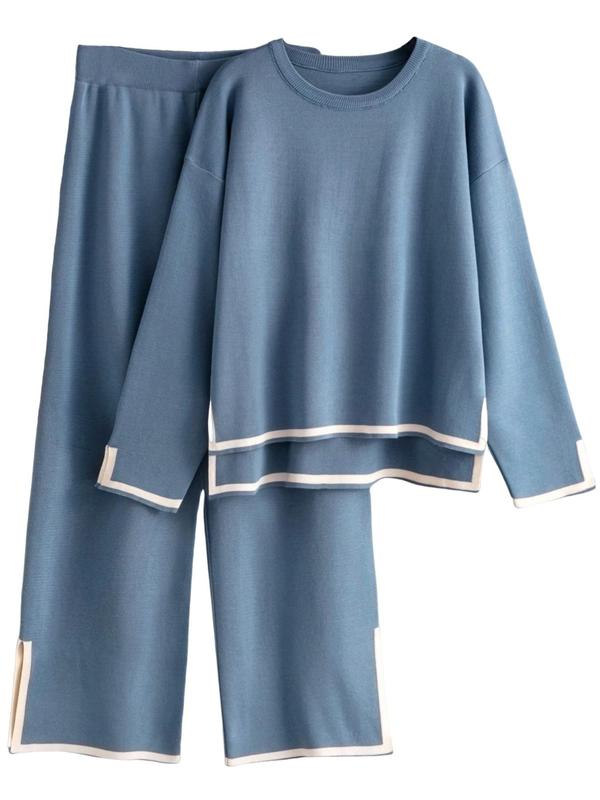 Women's Contrast Binding Drop Shoulder Top & Wide Leg Pants Loungewear Two-Piece Set, Casual Comfy Round Neck Long Sleeve Top & Trousers PJ Set, Ladies Sleepwear for Spring & Fall