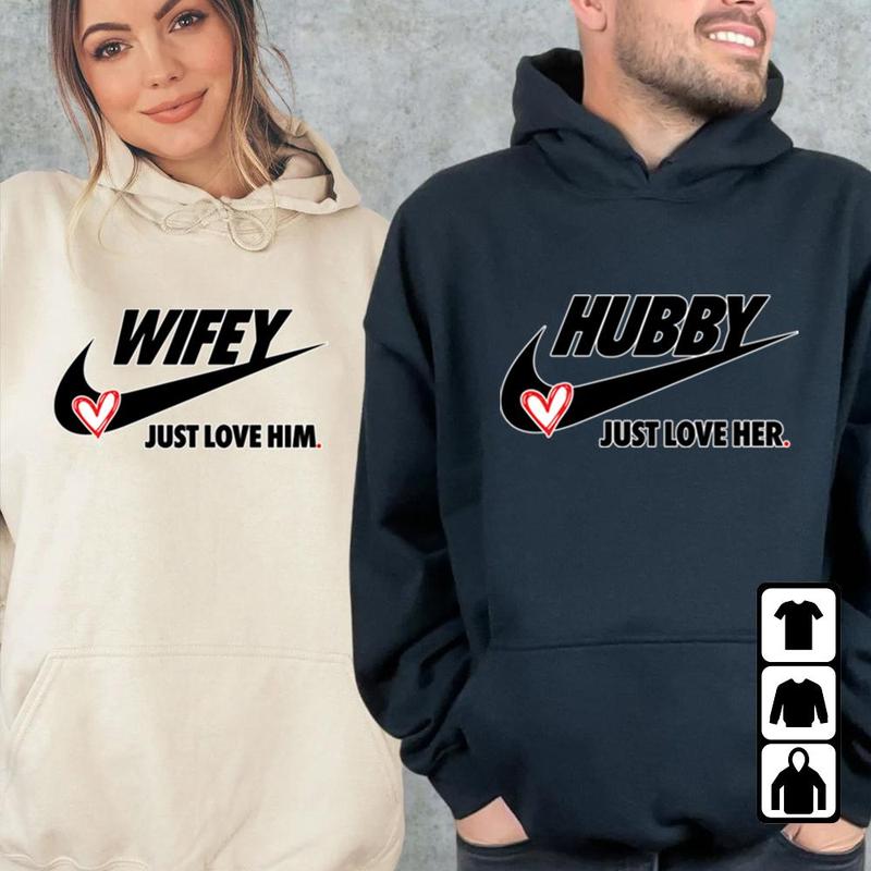 Hubby Wifey Just Love Him Her Funny Christmas Hoodies, Sweatshirt, T-Shirt, Pull Over Matching Love Couples Valentines Matching