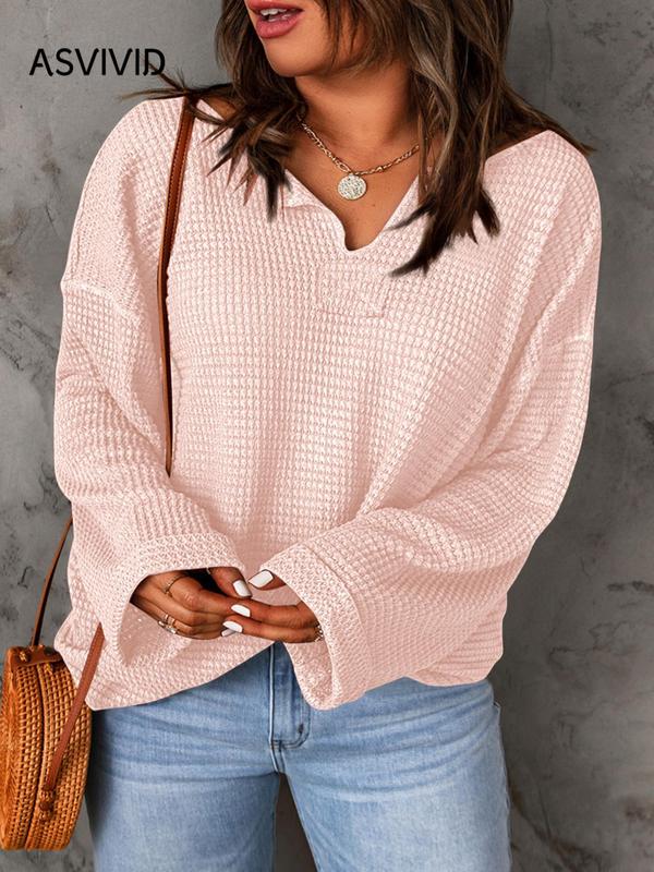  Solid Notched Neck Waffle Knit Sweatshirt, Casual Drop Shoulder Long Sleeve Pullover, Women's Fall & Winter Clothes for Daily Wear