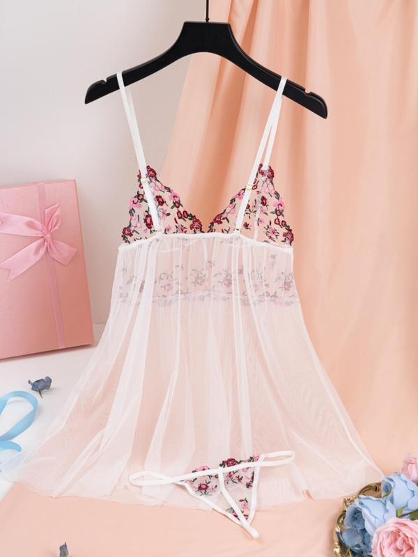 Women's Floral Embroidery Sheer Sexy Lingerie Set, V Neck Cami Nightdress & Thong Set, Ladies Sleepwear Set for All Seasons