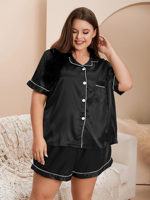 2 Counts Plus Size Basic Minimalist Contrast Binding Satin Top & Elastic Waist Shorts Pyjama Set, Lady Chic Comfort Button Front Blouse & Pocket Shorts PJ Loungewear Set, Plus Size Women's Pajamas for Homewear, Elegant Summer Outfits 2024, Womenswear