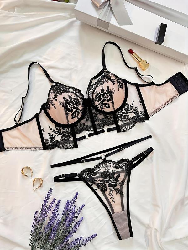 Women's Floral Embroidery Contrast Mesh Sheer Sexy Lingerie Set, Adjustable Spaghetti Strap Ring Linked Bra & Thong Set, Fashion Comfy Women's Lingerie Set for All Seasons