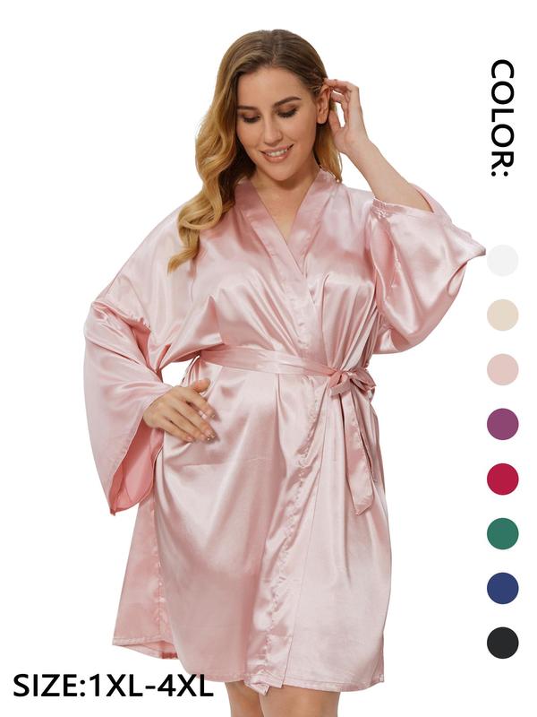 Plus Size Solid Belted Wrap Drop Shoulder Satin Robe, Casual Long Sleeve V Neck Dressing Gown for Daily Home Wear, Women's Sleepwear for All Seasons