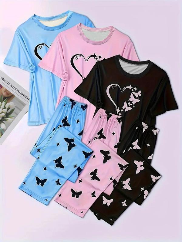 6 Piece Set Women's Heart Print Round Neck Tee & Butterfly Print Pants Pajama Set, Women Cute Nightwear, Comfort Casual Tee & Elastic Waist Trousers Pajama Set, Summer Clothes, Back To School Sleepwear, Sleepwear & Homewear for Lady, Summer Wear 2024