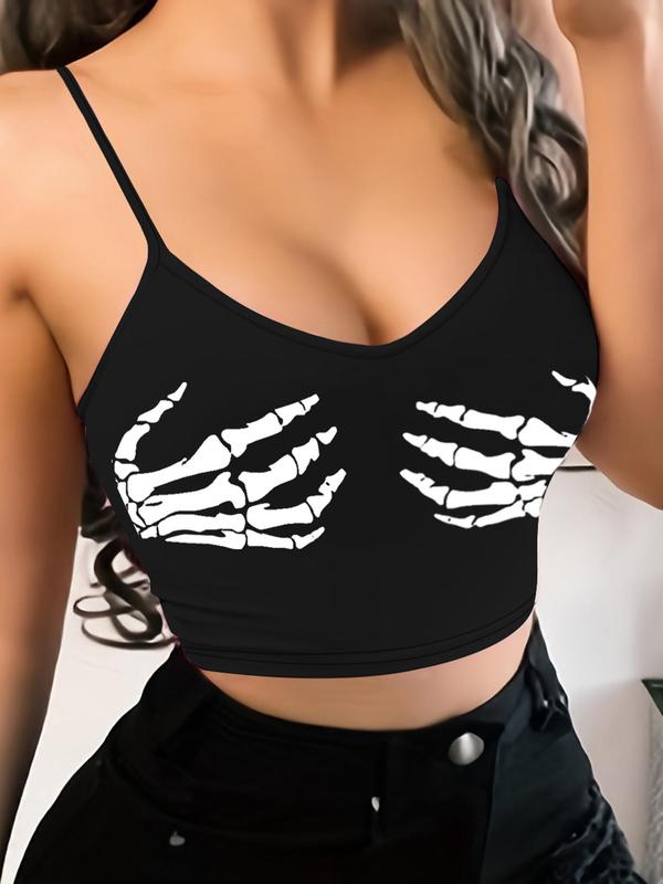 Women's Streetwear Skeleton Hand Print Crop Cami Top, Pastel Goth Casual Spaghetti Strap Sleeveless Top for Daily Holiday Vacation, Ladies Clothes for All Seasons