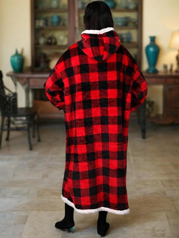 Christmas Women's Plaid Print Contrast Faux Fur Trim Hooded Lounge Robe, Casual Drop Shoulder Long Sleeve Bathrobe Loungewear, Ladies Sleepwear for Fall & Winter