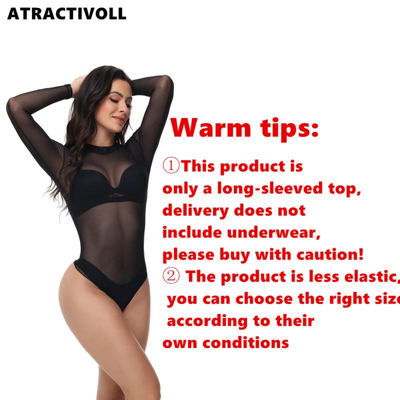 ATRACTIVOLL 1 2PCS Women's Fashion Yoga Wear，Half High Neck Bodysuit,Mesh Long Sleeve Bodysuit Indoor Yoga Wear,Tops Lady women  bodysuits mesh top long sleeve