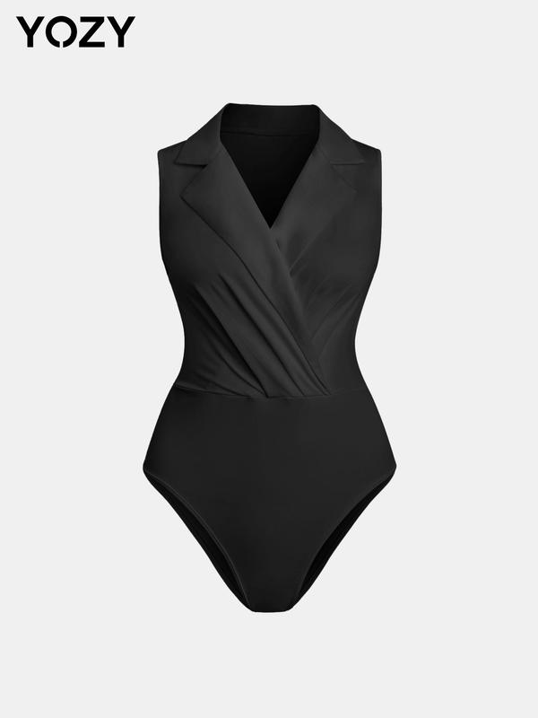 YOZY Christmas Deals, Ruched Wrap Bodysuit  Casual Plain Lapel Neck Sleeveless Snap Button Closure Crotch Bodysuit for All Seasons, 2024 Women's Clothes for Daily Wear, Christmas 2024 Trend, Fall & Winter clothes