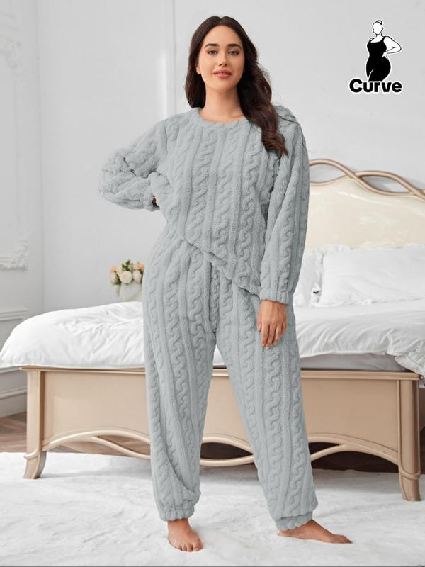 Plus Size Solid Textured Drop Shoulder Top & Coral Fleece Pants Two-piece Set, Casual Fashion Cozy Round Neck Long Sleeve Top & Trousers for Daily Home Wear, Women's Sleepwear for Fall & Winter, Fluffy Pajamas