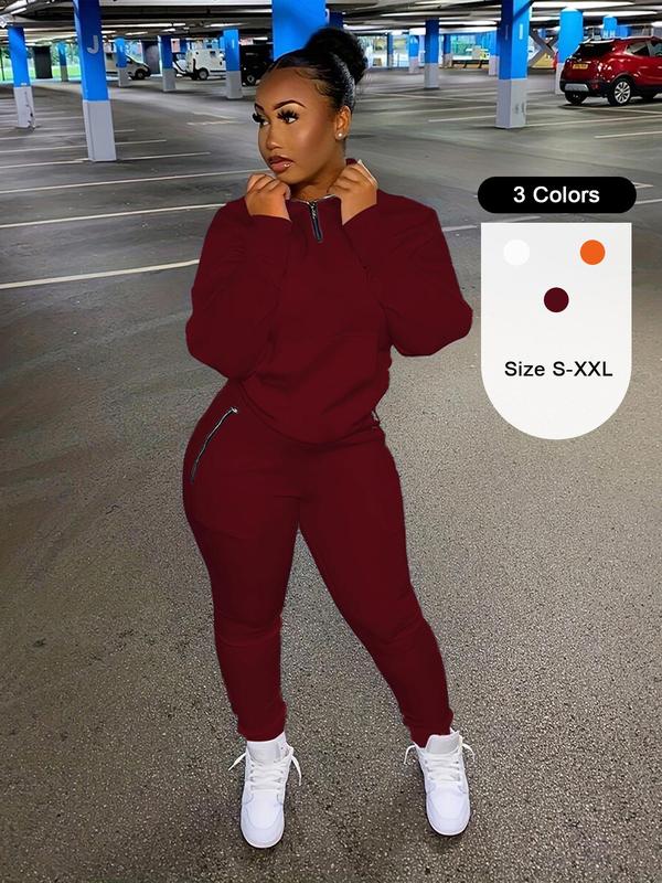 Women's Solid Half Zip Up Sweatshirt & High Waist Skinny Pants Two-piece Set, Casual Long Sleeve High Neck Pullover & Zipper Pants for Daily Wear, Ladies Two-piece Outfits for All Seasons