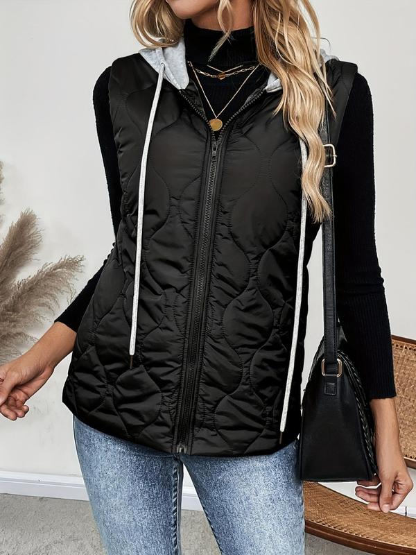 Women's Solid Zip Up Drawstring Hooded Puffer Vest Coat Without Inner Top, Casual Thermal Quilted Sleeveless Outerwear For Fall, Ladies Clothes For Daily Wear