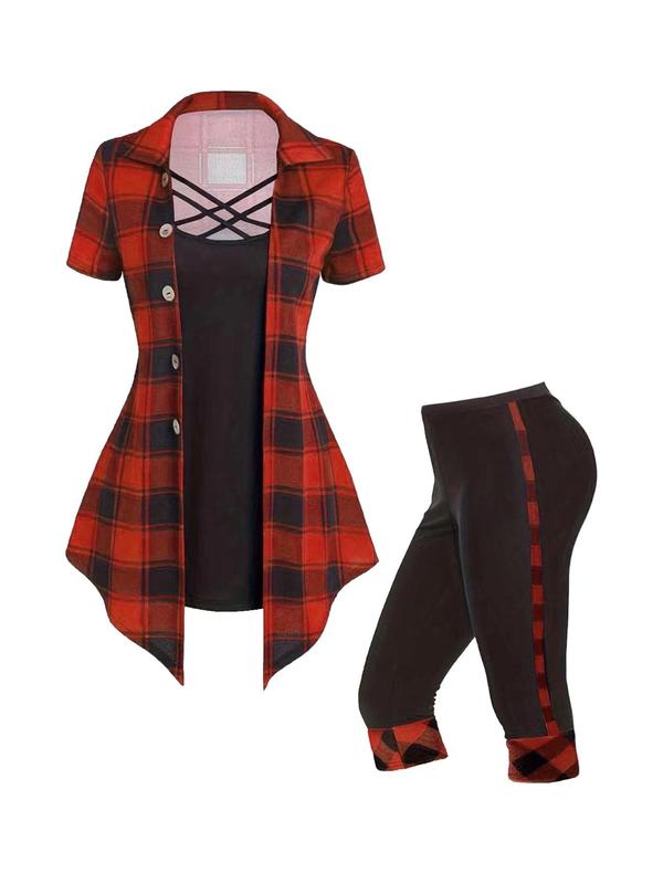 Two-piece Set Women's 2 in 1 Plaid Patchwork Print Collared Top & Elastic Waist Capri Pants, Casual Asymmetrical Hem Criss Cross Top & Capri Pants for Daily Wear, Ladies Two-piece Outfits for All Seasons