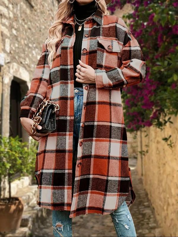 Women's Colorblock Plaid Print Button Front Drop Shoulder Coat, Casual Long Sleeve Collared Pocket Coat for Fall & Winter,  Winter Clothes Women, Women's Clothing for Daily Wear, Fall Clothes Outerwear