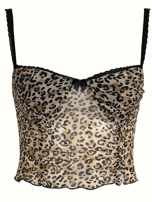 Women's Leopard Print Bow Decor Ruched Crop Cami Top, Y2K Fashion Casual Lettuce Trim Contrast Lace Sleeveless Top for Daily Outdoor Wear, Crop Tops, Ladies Clothes for All Seasons