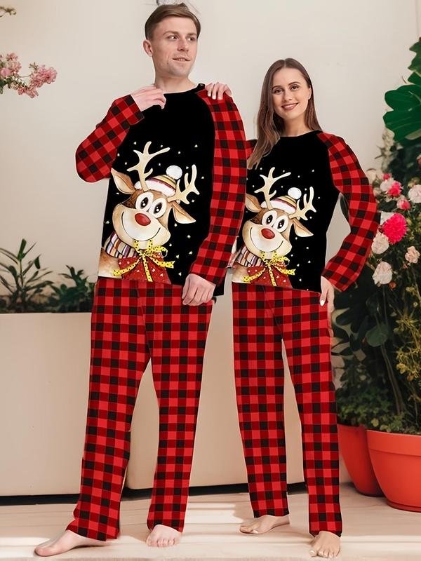 Couple's Christmas Themed Reindeer & Plaid Print Raglan Sleeve Pajama Two-piece Set, Casual Comfy Long Sleeve Top & Elastic Waist Pants Pj Set, Couple's Sleepwear for Spring & Fall,  Matching Bf and Gf