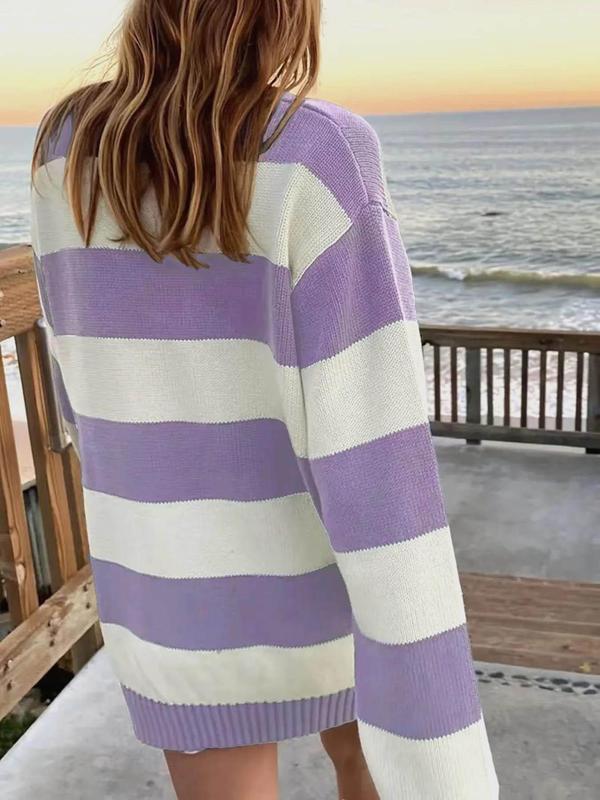 Women's Striped Print Drop Shoulder Sweater, Casual Fall Long Sleeve Round Neck Jumper, Fashion Women's Knitwear for Daily Wear, Utah Girl Fits, Utah Girl Fits, Preppy 80s Clothes