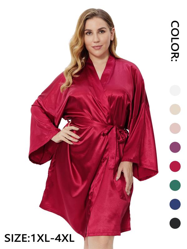 Plus Size Solid Belted Wrap Drop Shoulder Satin Robe, Casual Long Sleeve V Neck Dressing Gown for Daily Home Wear, Women's Sleepwear for All Seasons