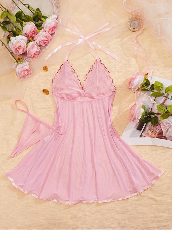 Women's Heart Print Bow Decor Mesh Nightdress & Sheer Thong Set, Backless Scallop Trim Halter Nighty Dress & Panty, Soft Comfortable Sleepwear Set for Women