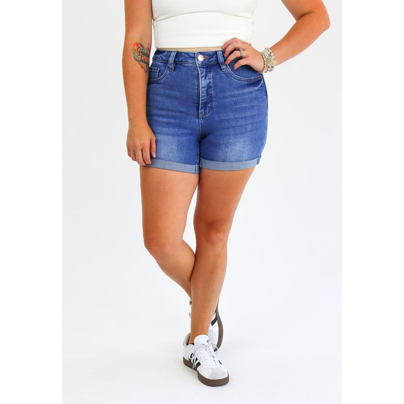 Tummy Control Denim Midi Shorts by AJ