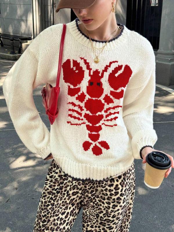 Women's Lobster Print Drop Shoulder Sweater, Casual Long Sleeve Round Neck Jumper for Fall & Winter, Fashion Ladies' Knitwear for Daily Wear