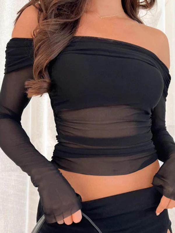 Women's Off Shoulder Ruched Sheer Top, Solid Long Sleeve Tee, Women's Top for Spring & Fall