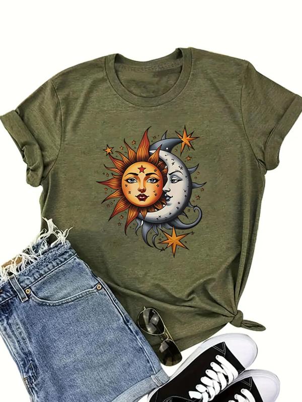 Women's Cartoon Sun & Moon Print Round Neck Graphic Tee, Trendy Casual Short Sleeve T-shirt for Daily Wear, Graphic Tees, Lady Summer Outfits 2024