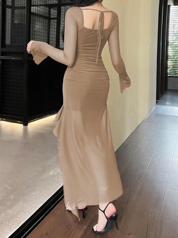 Women's Plain Ruched Backless Ruffle Hem Split Thigh Sheer Tulle Dress, Elegant Sweetheart Neck Flounce Sleeve Long Dress for Party Holiday Wedding Guest, Ladies Spring & Fall Clothes, 90s Clothes