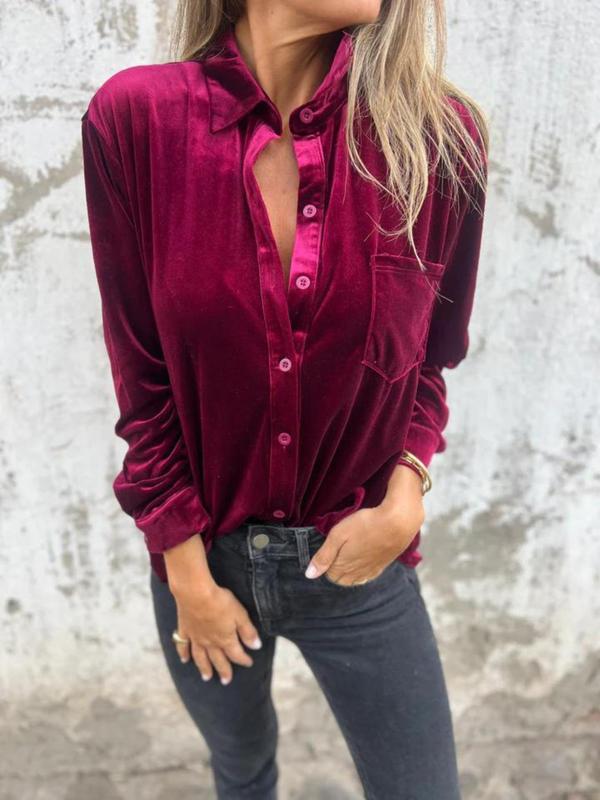 Women's Velvet Button Front Pocket Shirt, Casual Long Sleeve Collared Top for Fall & Winter, Women's Clothes for Daily Wear Blouse