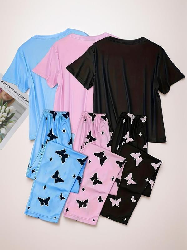 6 Piece Set Women's Heart Print Round Neck Tee & Butterfly Print Pants Pajama Set, Women Cute Nightwear, Comfort Casual Tee & Elastic Waist Trousers Pajama Set, Summer Clothes, Back To School Sleepwear, Sleepwear & Homewear for Lady, Summer Wear 2024