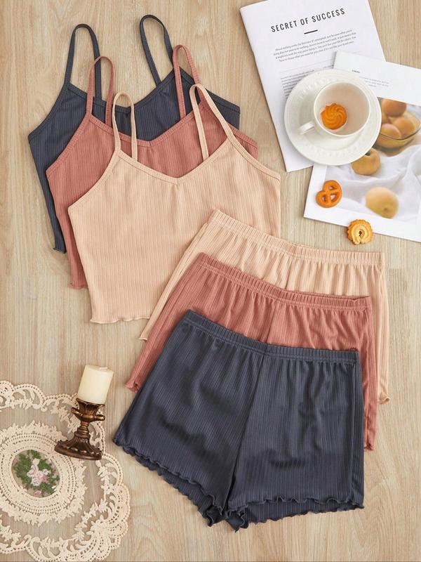 Women's Solid Cami Top & Elastic Waist Shorts Loungewear Set, Casual Comfy Spaghetti Strap Camisole & Lettuce Trim Shorts Set, Ladies Sleepwear for All Seasons