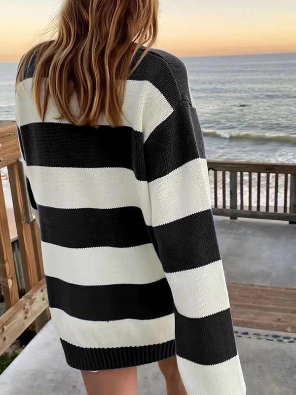 Women's Striped Print Drop Shoulder Sweater, Casual Fall Long Sleeve Round Neck Jumper, Fashion Women's Knitwear for Daily Wear, Utah Girl Fits, Utah Girl Fits, Preppy 80s Clothes