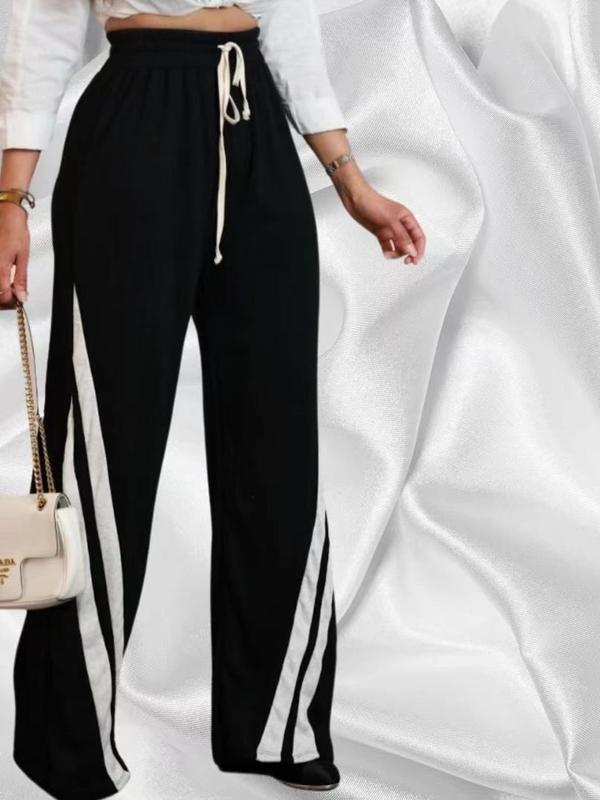 Women's Side Stripe Drawstring Waist Wide Leg Pants, Casual High Waist Trousers for Daily Outdoor Wear, Ladies Bottoms for All Seasons, Going Out Outfits 2024