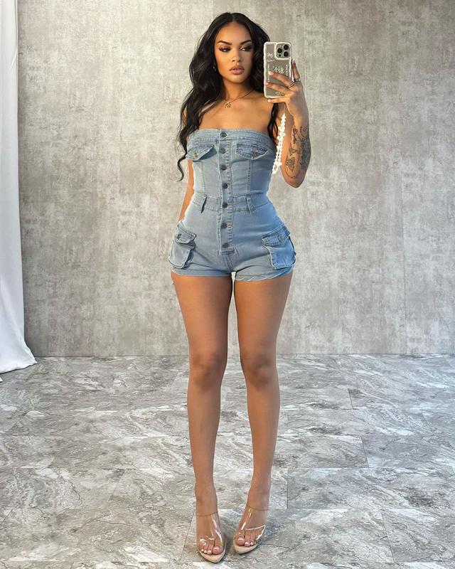 Summer Women Casual Jeans Jumpsuit Off Shoulder Elastic Denim Rompers One Piece Jumpsuit Blue Denim Short Jumpsuit