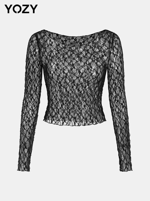 YOZY Women's Plain Scoop Neck Sheer Lace Top, Elegant Long Sleeve Top for Daily Wear, Ladies Clothes for All Seasons