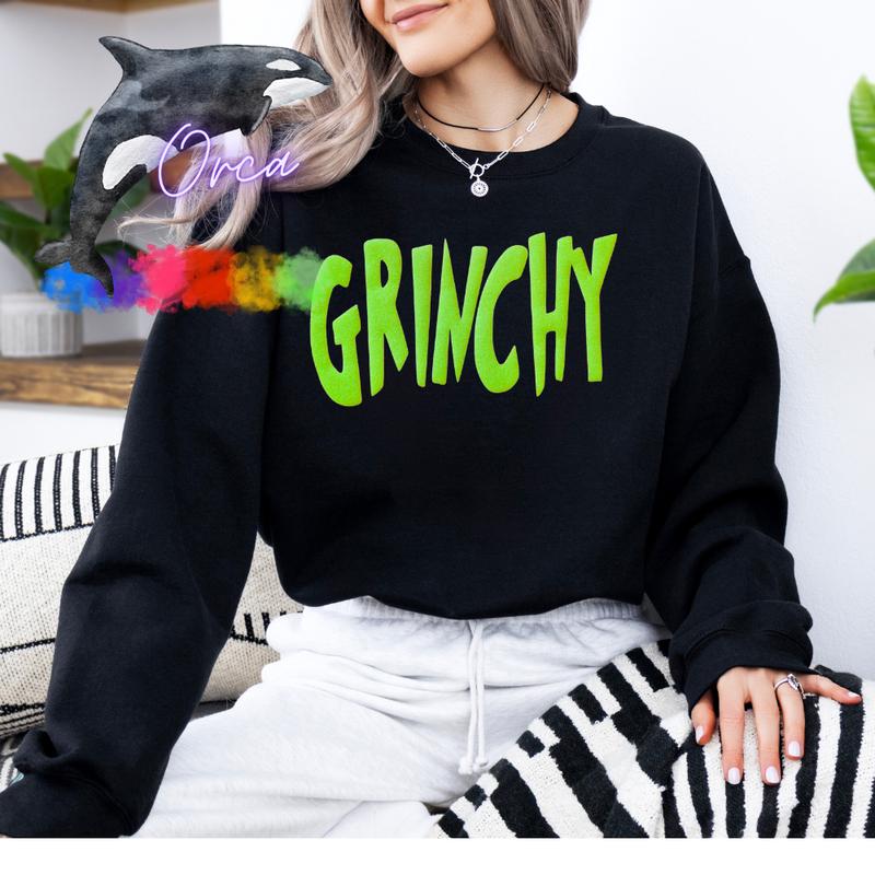 Orca ~ GRINCHY Unisex Sweatshirts with Lime Green Glitter Puff ~ Small - 4XL Christmas Crewneck Casual Womenwear