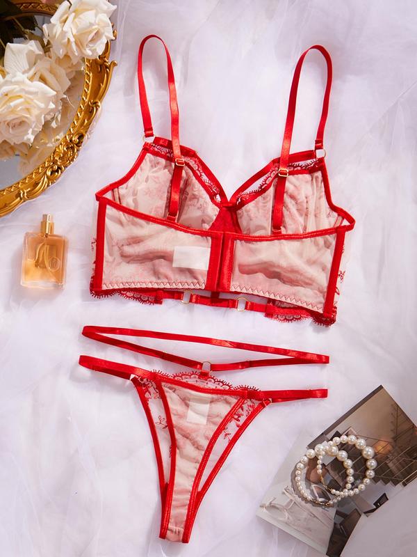 Women's Floral Embroidery Contrast Mesh Sheer Sexy Lingerie Set, Adjustable Spaghetti Strap Ring Linked Bra & Thong Set, Fashion Comfy Women's Lingerie Set for All Seasons