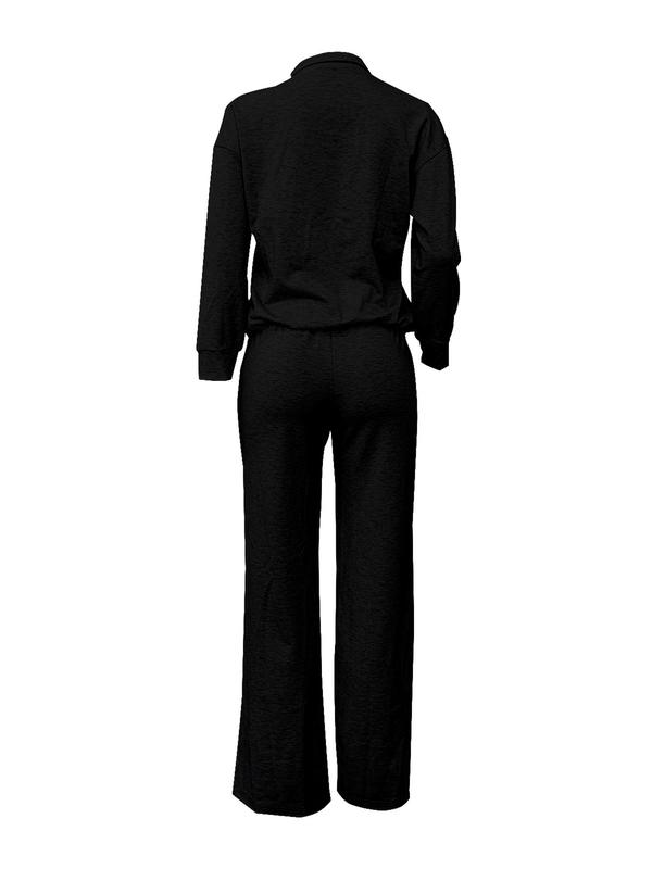 Two-piece Set Women's Solid Color Zip Up Tops & Drawstring Waist Pants, Casual Long Sleeve Top & High Waist Trousers for Daily Wear, Ladies Two-piece Outfits for All Seasons, Black Girl Outfits