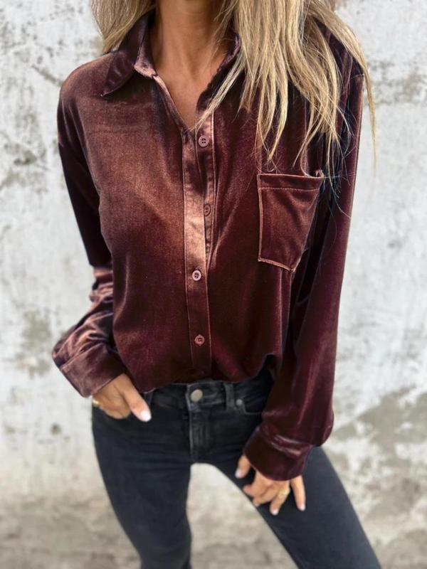 Women's Velvet Button Front Pocket Shirt, Casual Long Sleeve Collared Top for Fall & Winter, Women's Clothes for Daily Wear Blouse