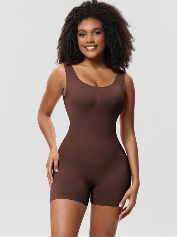 Women's Solid Scoop Neck Shapewear Romper, Fall Wear, Earthtone Fallfreshness, Summer Clothes Women, High Stretch Seamless Sleeveless Shapewear Bodysuit, Ladies Shapewear Clothes, Summer Wear 2024, Rompers for Summer, Fall Wear, Fallfreshness